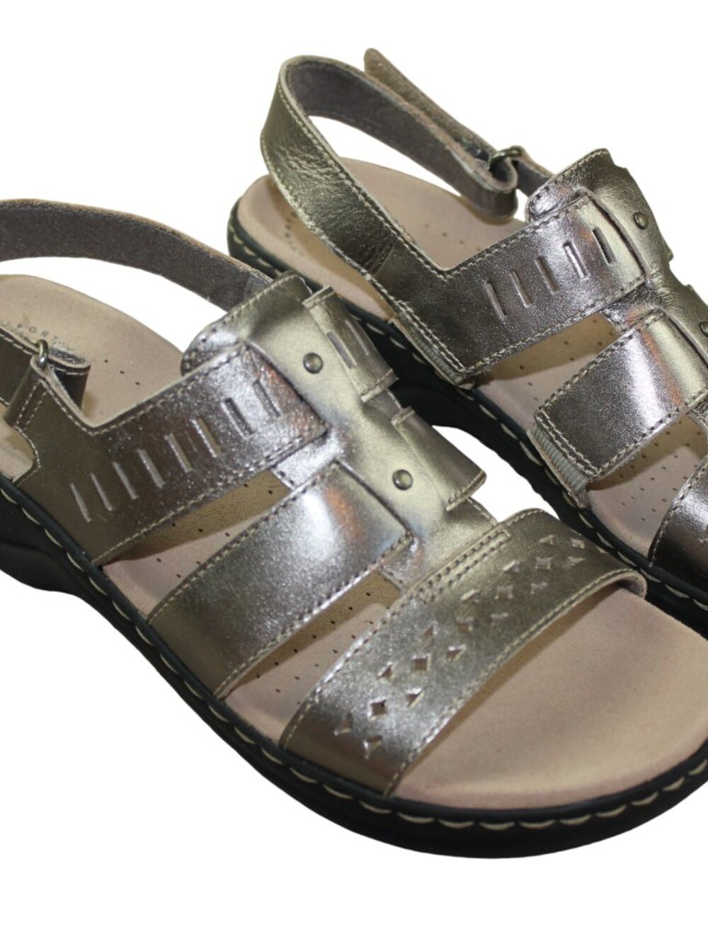 Clarks Collection Lexi Qwin Pewter Gold Leather Strappy Sandals Women Size 8.5 N
